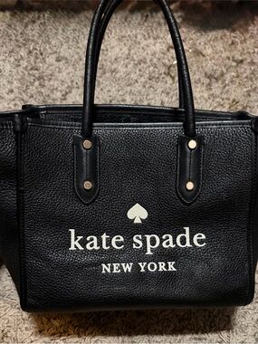 kate spade Black Leather Logo Satchel with Cream Logo
